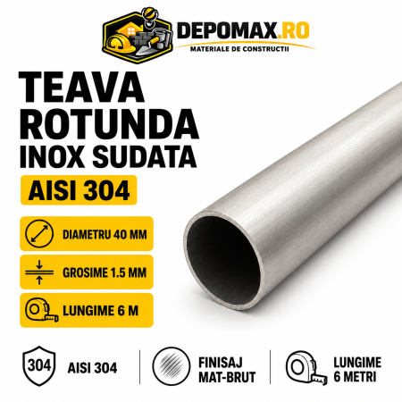 Teava rotunda inox sudata AISI 304, 40 x 1.5 mm, 6 metri